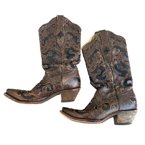 Corral Vintage Brown Goat Overlay Snip‎ Toe Cowboy Boots Womens Size 6.5m C1957 - Picture 9 of 10
